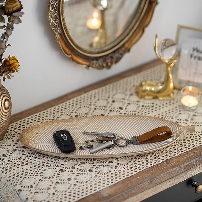 Hanobe Leaf Wooden Decorative Tray, Wood Key Bowl - Image 5