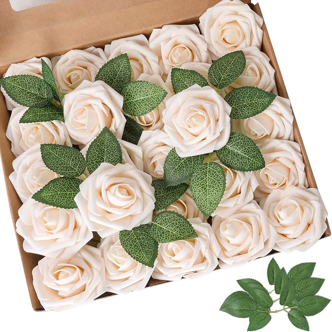 AmyHomie Champagne Rose 100pcs Real Looking Artificial Flowers w/Stem | Bouquet by AmyHomie