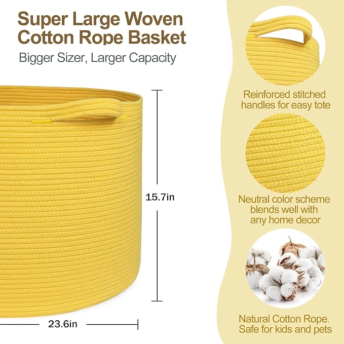 Extra Large 115L Yellow Basket, 23.6" x15.7 Cotton Rope Yellow Decor - Image 2