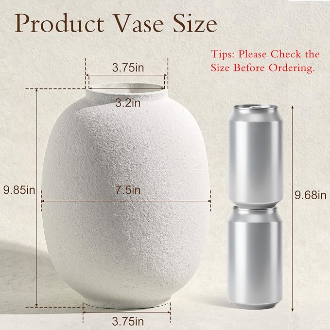Large White Ceramic Vase, 9.9in Round Tall Flowers Vase - Image 2