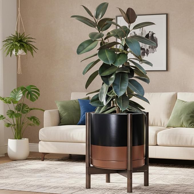 D'vine Dev Ceramic Pot with Walnut Wood Stand, 14 in, 55-B-T-7 | Mid-Century - Image 2