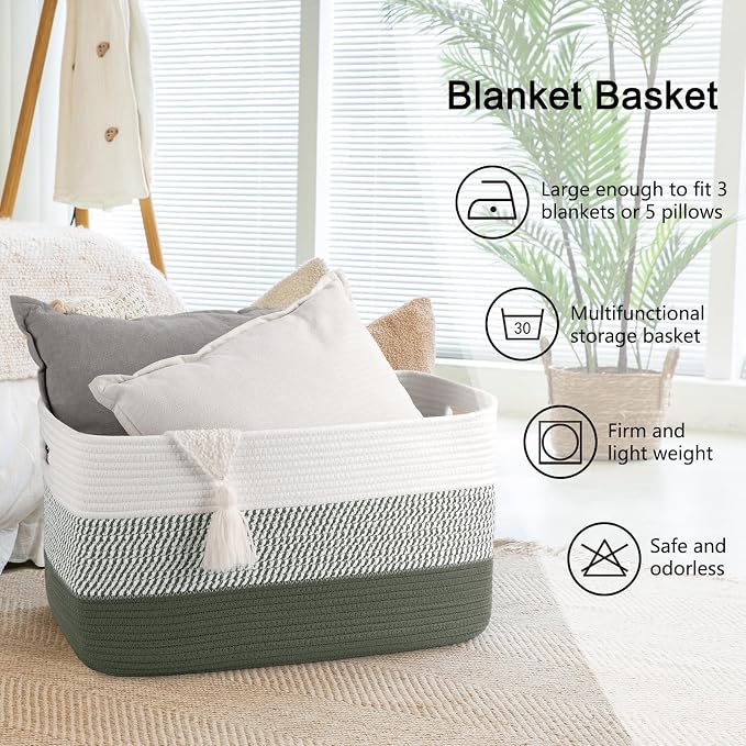 OIAHOMY Blanket Basket Laundry Basket Dog Toy Basket 75L Green/White | Large - Image 6