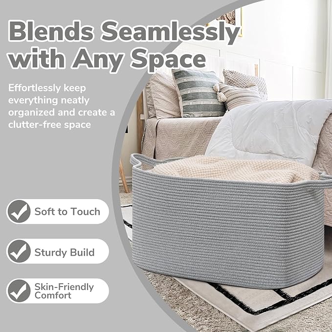 Goodpick Large Woven Rope Blanket Basket, 75L | 21.6'' x 14.9'' x 11.8'' - Image 5