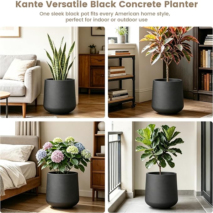 Kante Accent Round Curved Black Concrete Planter 13" Dia, Outdoor | Rubber Plug - Image 9
