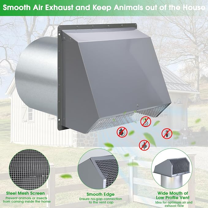 6 Inch Hooded Wall Vent with Screen and Damper, 6 Inch Exhaust Vent Cover Cap - Image 3