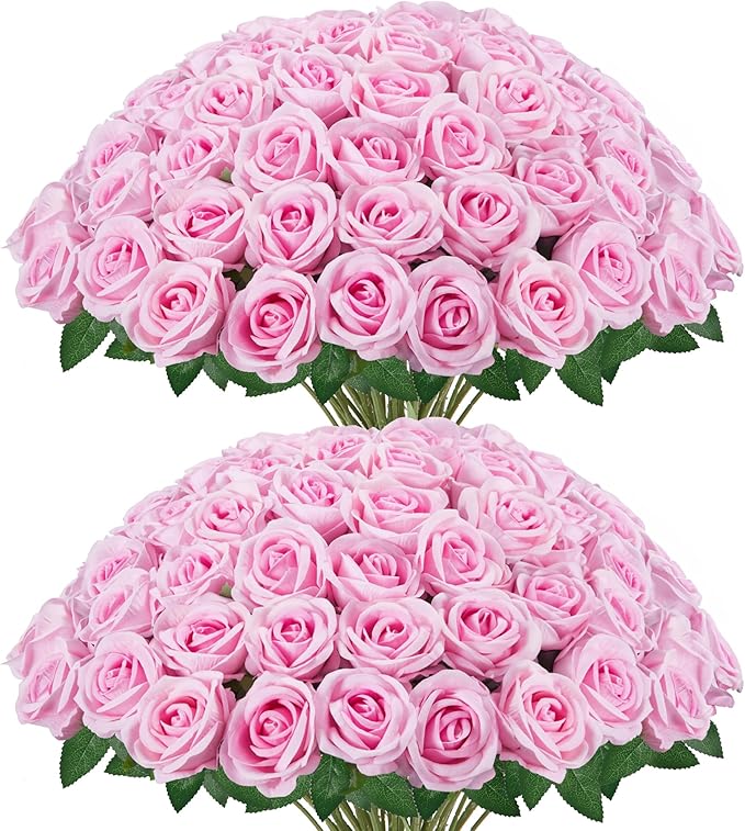InnoGear Pink Roses Artificial Flowers 50 Pcs Fake Velvet Silk Rose Floral | by InnoGear