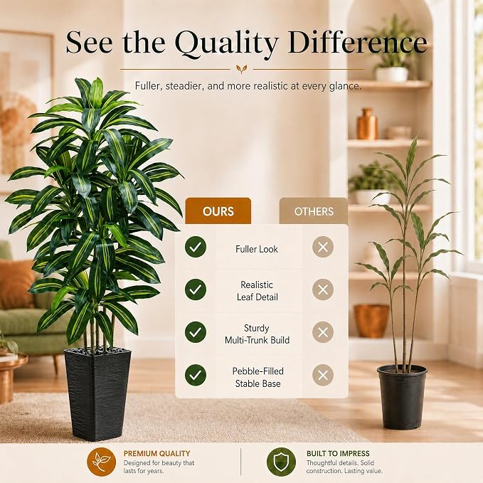 Artificial Dracaena Tree: 6FT Fake Plants Silk Faux Trees（Black Pot） | - Image 7