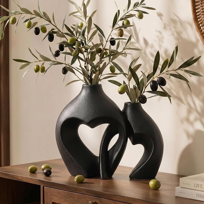 Black Ceramic Flower Vases Home Decor Heart Shaped Vase Set of 2 | Nordic Heart - Image 3