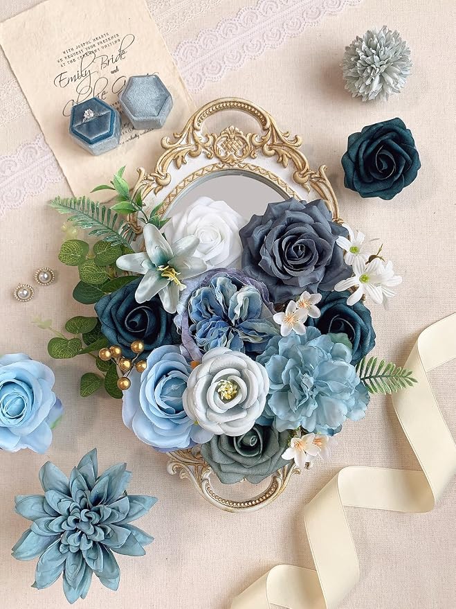 FACINOC Roses Artificial Flowers Blue Bouquet Fake Flower Bulk - Image 3