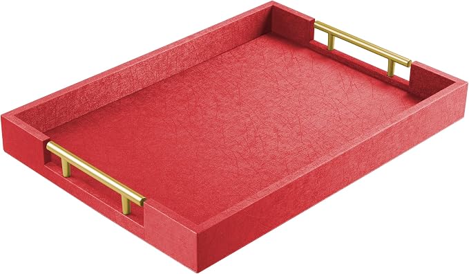 ATZYmolin 17"x12" Leather Serving Tray, Polished Metal Handles, Coffee Table by ATZYmolin