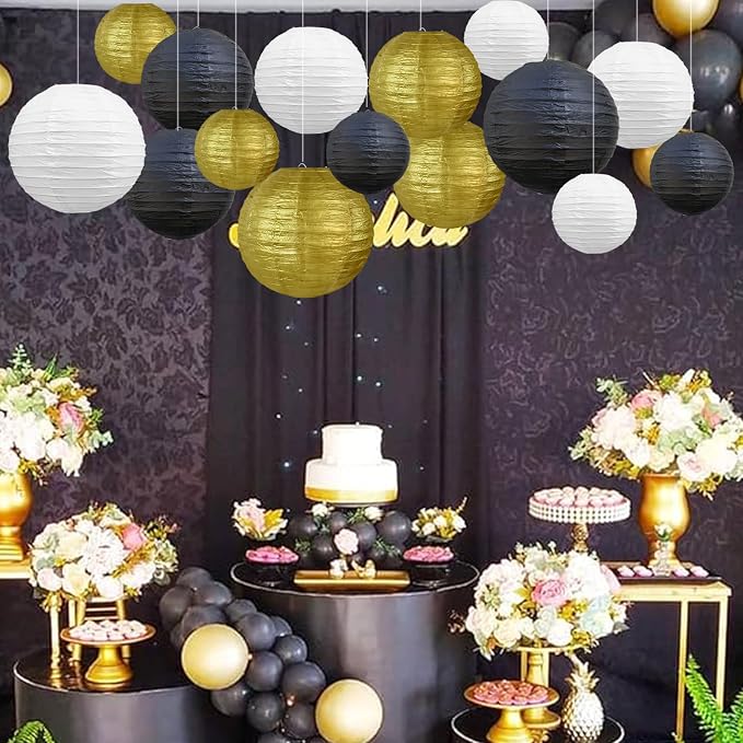 BEISHIDA Black Gold Paper Lanterns 16Pcs 6/8/10 Inch Round Chinese Lamp | Paper - Image 5