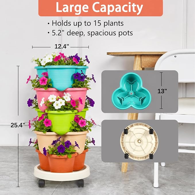 VECELO 5 Tier Vertical Garden Planter, Self Watering Stackable Planters - Image 4