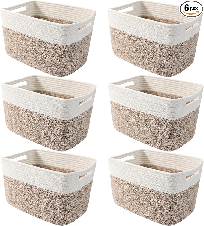 6 Pack Woven Rope Baskets, 12.6"×9"×7.8" Storage Bins, Shelf Baskets Organizer by HZFTJOY