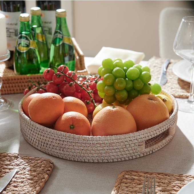 13.8 inch Round Rattan Tray, Decorative Coffee Table Tray, Ottoman Tray - Image 3