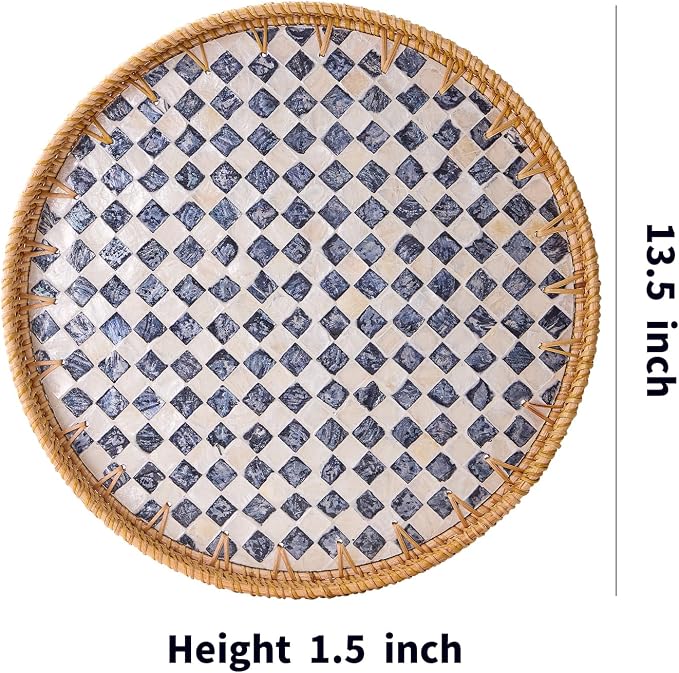Round Rattan Tray with Mother of Pearl Inlay, Rattan Serving Tray with Wooden - Image 7