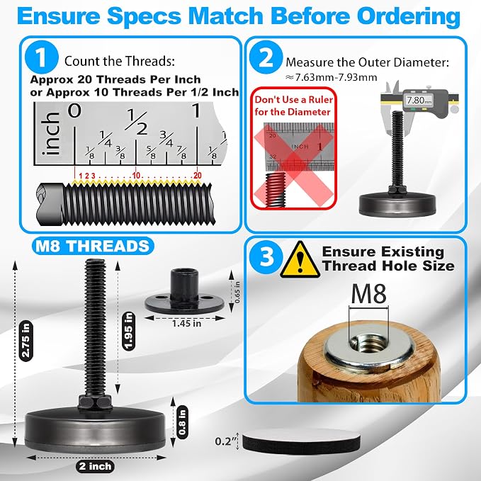 M8 Heavy Duty Leveling Feet 4Pk, Raise 0.8" to 2.25" | Adjustable furniture - Image 2