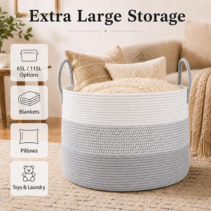 JMvicyroam 65L Extra Large Machine Washable Cotton Rope Blanket Basket | - Image 2