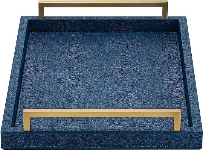 XIGEXIGE Navy Blue Decorative Serving Tray, Shagreen Leather Coffee Table Tray by XIGEXIGE