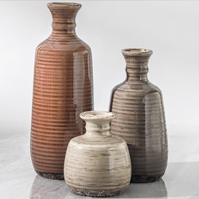 Ceramic Vases Set of 3, Neutral Rustic Farmhouse Vases Home Decor Decorative by ooit