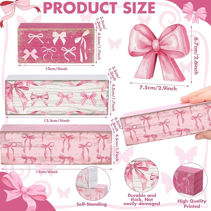 Conelist 4 Pcs Pink Bow Room Decoration Coquette Gift Pink Bow Block Sign - Image 3