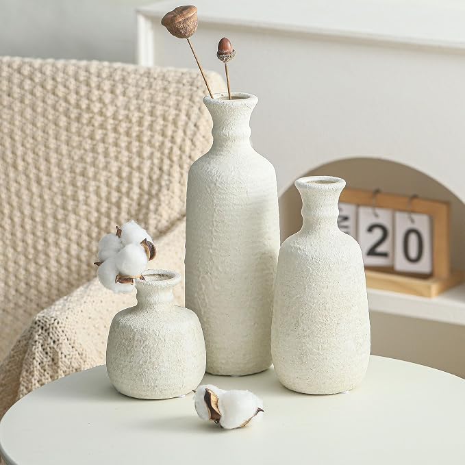 Ceramic Vase Set of 3, Neutral Rustic Vases Home Decor Farmhouse Decorative - Image 4