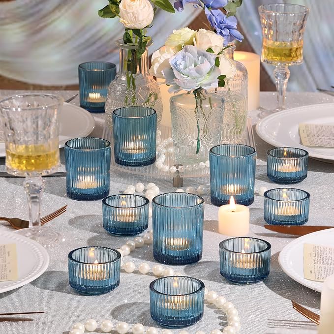 NITIME 10pcs Ribbed Blue Votive Candle Holders, Wedding Table Settings and - Image 4