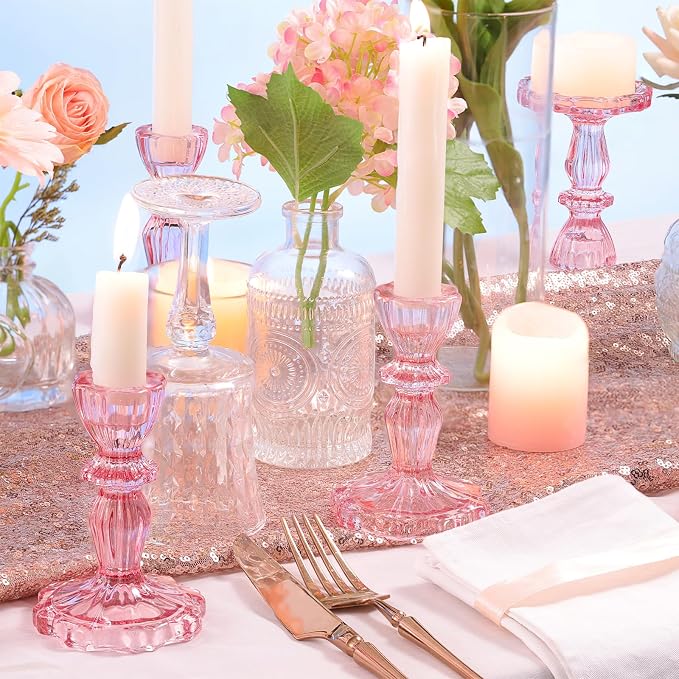 Pink Candlestick Holders Set of 6, Glass Taper Candle Holders | 4.3"H & 6.3"H - Image 5