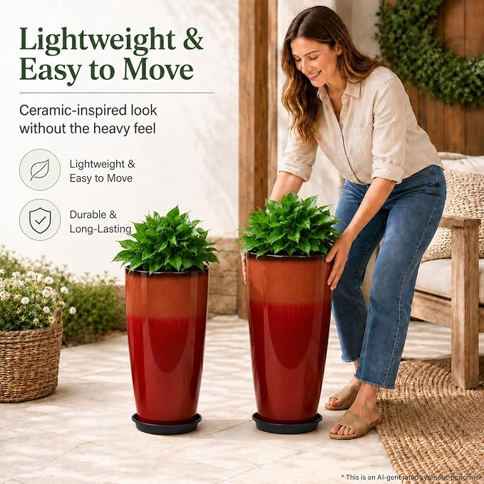 Neoaider Set of 2 Tall Planter, 21 inch Large Plastic Planter, Firey Red | - Image 8