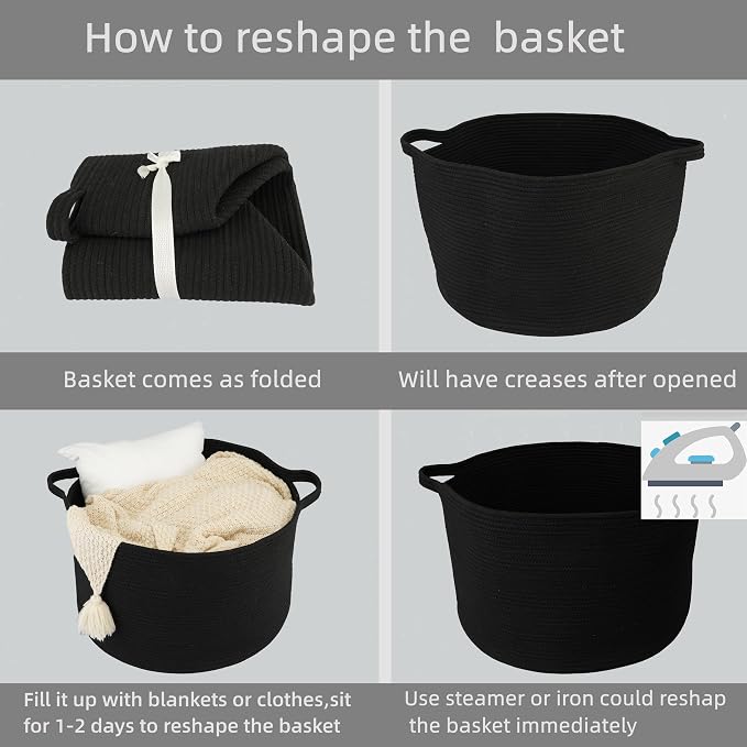 XUANGUO Extra Large Cotton Rope Round Storage Basket 22" x 14" Black | Woven - Image 7