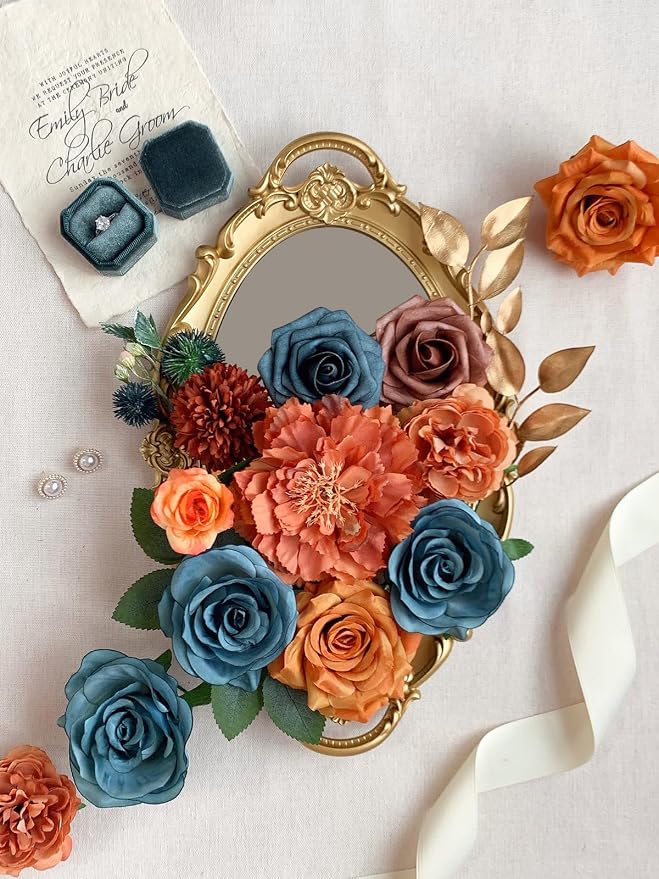 FACINOC Roses Artificial Flowers Teal Orange Bouquet Fall Fake Flower Combo | - Image 2