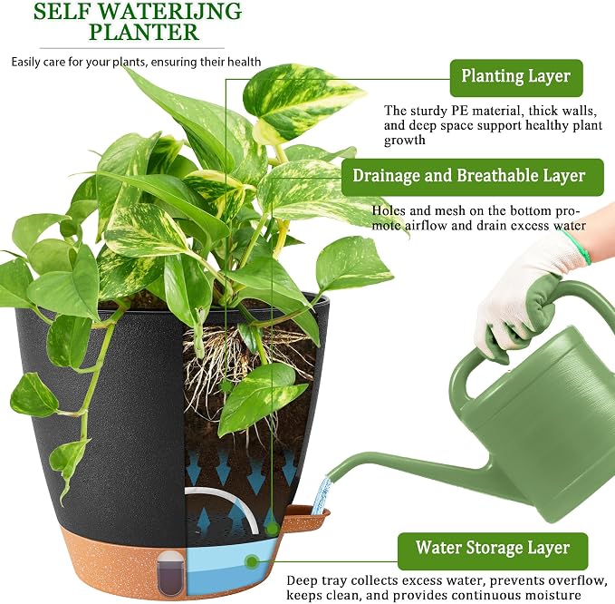 2 Pack 8 Inch Pots for Plants Indoor, Plastic Self Watering Planters | Drainage - Image 7