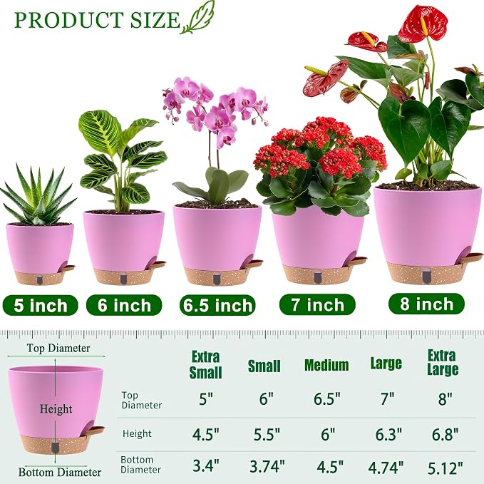 Self Watering Pots for Inoor Ourdoor Plants 8/7/6.5/6/5 Inch, 5 Pack | Plastic - Image 7