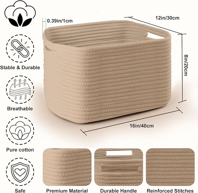4 Pack Large Storage Baskets for Organizing, and Clothes, Cotton Rope Basket - Image 2