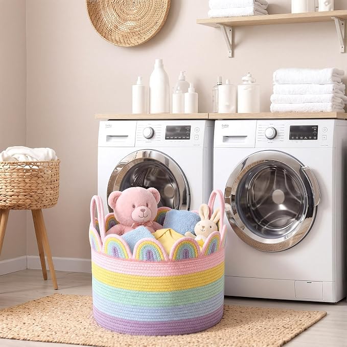 LemonRoad Round Woven Basket Pastel Rainbow, Cotton Rope Scalloped Edge Tassels - Image 5