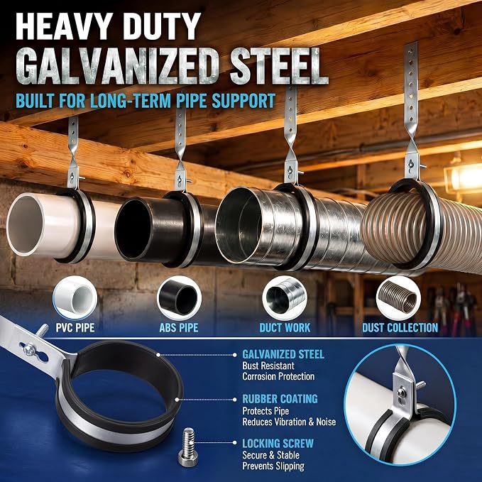6 Pcs Dwv Pipe Hanger with Rubber Liner – Galvanized Steel Plumbing Pipe Support - Image 5