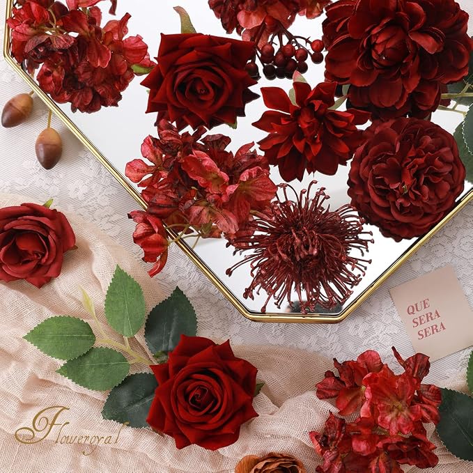 Artificial Flowers Combo Burgundy Flowers Mix Silk Flowers Dahlia Roses - Image 2