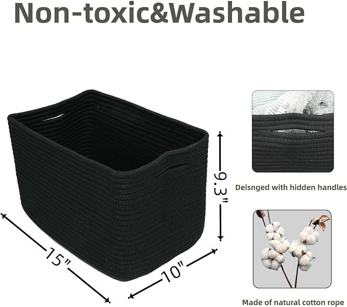 XUANGUO Woven Cotton Rope Storage Baskets 15x10x9.3" 3 Pack Black | Decorative - Image 2