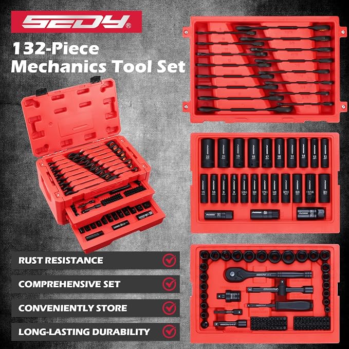 Premium 132-Piece Mechanics Tool Set, SAE/Metric 1/4" & 3/8" Drive Socket Set - Image 8