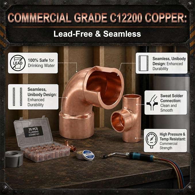 Yaocom 35 Pcs Copper Pipe Fittings Kit, 3/4" to 1/2" Plumbing Fitting Assortment - Image 4