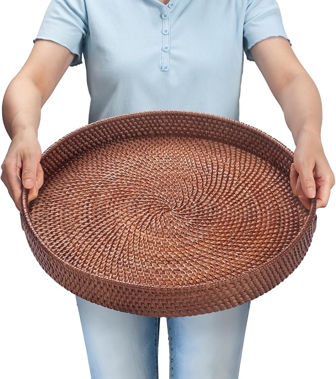 16.9 inch Round Rattan Tray, Woven Large Serving Tray by YANGQIHOME