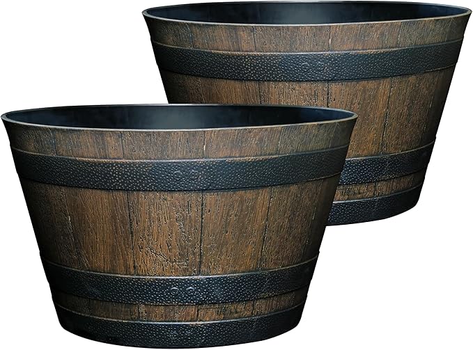 Whiskey Resin Flower Pot Barrel Planter, 20.5" Walnut Brown by GROWSCAPE
