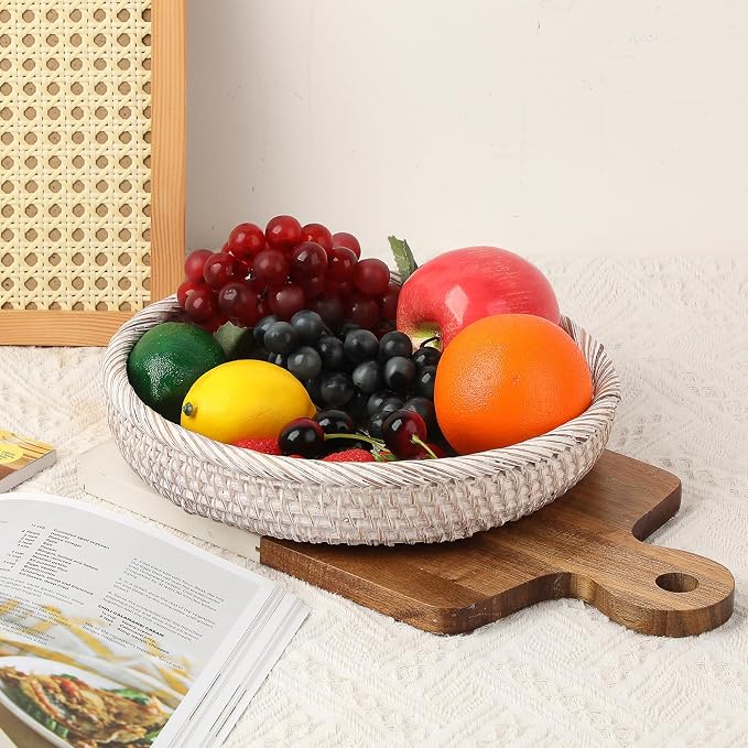 Hipiwe Key Basket Bowl for Entryway 10" Round Woven Wicker Serving Tray | - Image 2