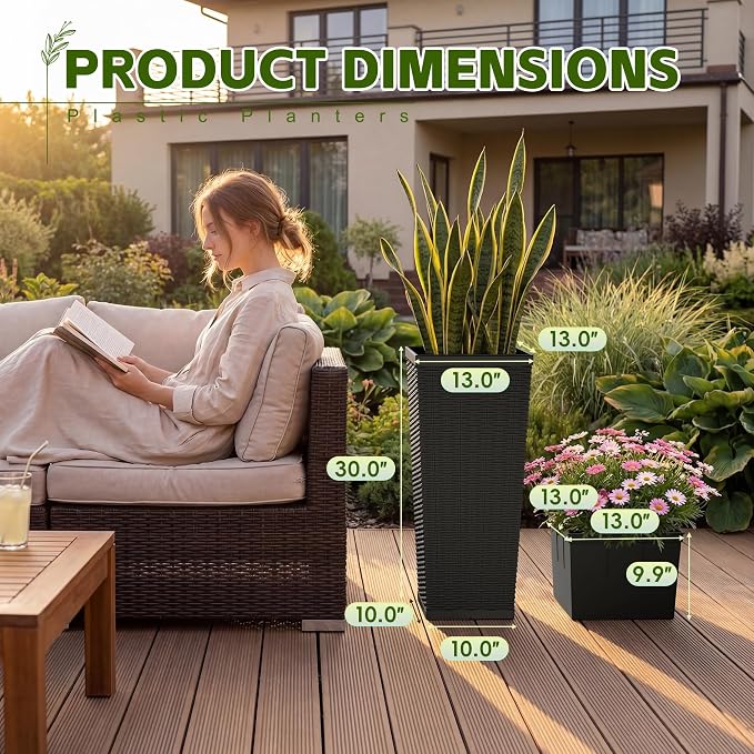 Devoko Resin 30'' Tall Planters Set of 2, Large Taper Outdoor Planter Pots | - Image 5