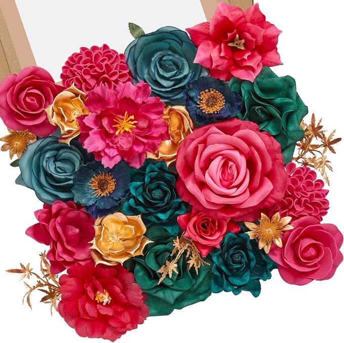 Serwalin Artificial Flowers Hot Pink & Teal Silk Flowers by Serwalin
