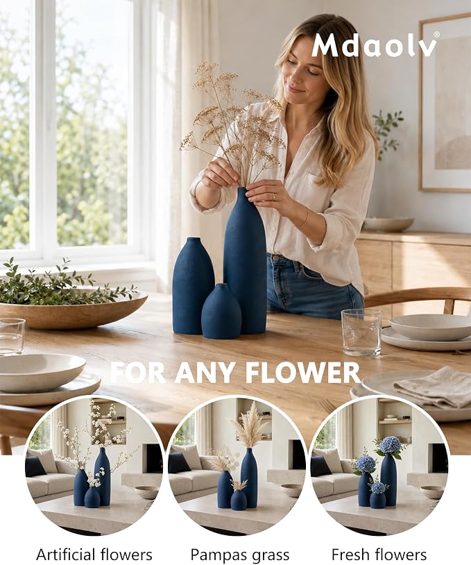 Mdaolv Matte Blue Vase Set Navy Blue Decor Coastal Decor Vases - Image 4
