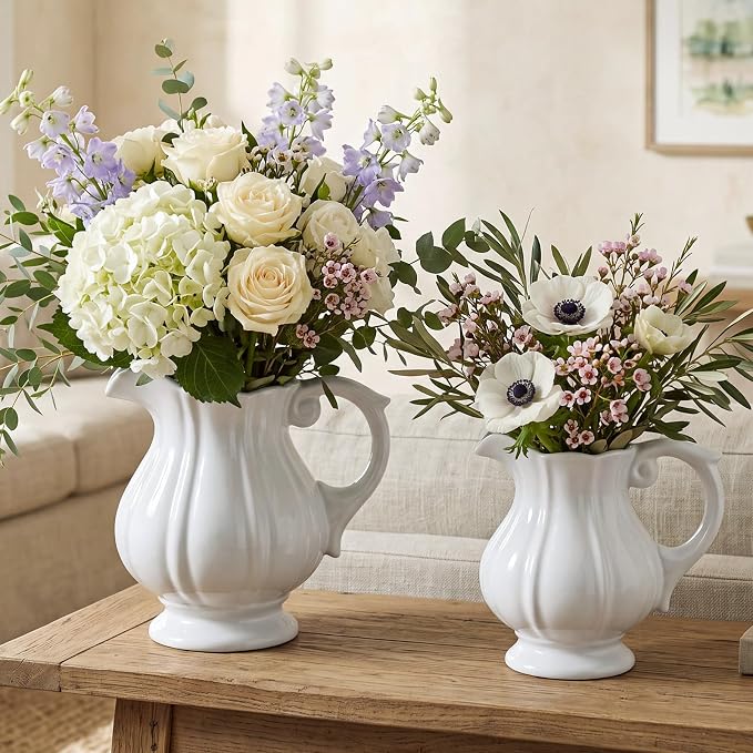 2 Pack White Ceramic Pitcher Vase Set Small Rustic, 7.1in | Decorative Flower by Ferrochef