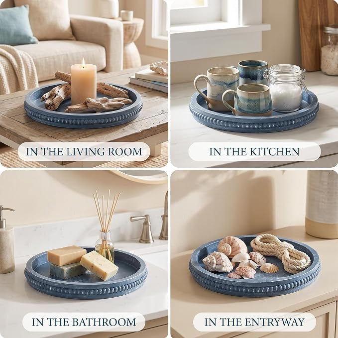 Hrastany Round Navy Blue Wooden Decorative Tray - Image 6