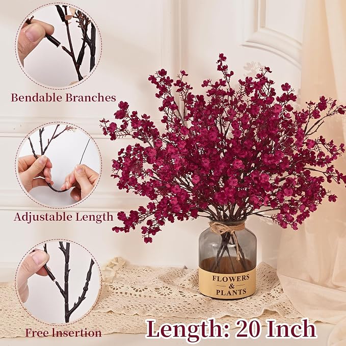 15 Pcs Fall Flowers, Real Touch Babys Breath Artificial Flowers, Burgundy | - Image 5