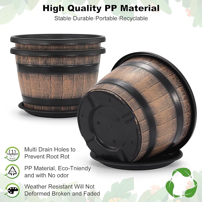 Quarut Large Plastic 3 Pack16 inch Plant Pots, Whiskey Barrel Planters - Image 3