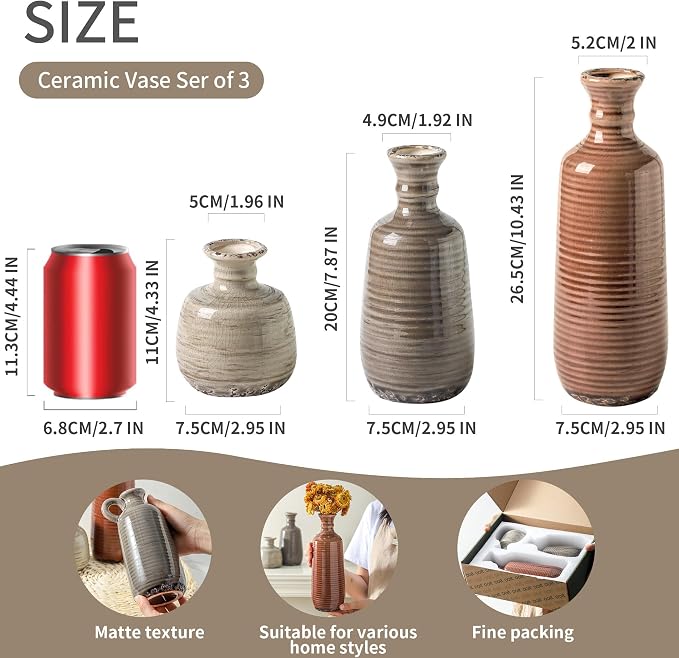 Ceramic Vases Set of 3, Neutral Rustic Farmhouse Vases Home Decor Decorative - Image 2